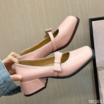 Xajzpa Spring Summer New coarse heeled women's single shoes bow pink simple comfortable versatile elegant sweet women's shoes